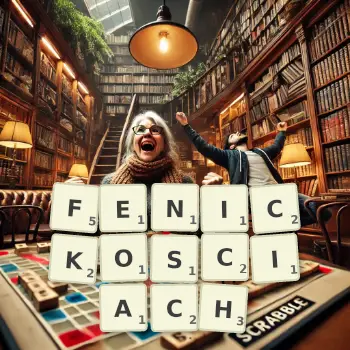 Kreatywna ilustracja do gry w Scrabble ze słowem FENICKOSCIACH ułożonym z płytek na planszy.
