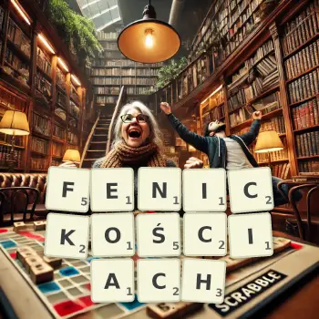 Kreatywna ilustracja do gry w Scrabble ze słowem FENICKOŚCIACH ułożonym z płytek na planszy.