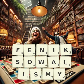 Kreatywna ilustracja do gry w Scrabble ze słowem FENIKSOWALISMY ułożonym z płytek na planszy.