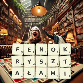 Kreatywna ilustracja do gry w Scrabble ze słowem FENOKRYSZTAŁAMI ułożonym z płytek na planszy.