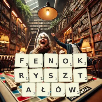 Kreatywna ilustracja do gry w Scrabble ze słowem FENOKRYSZTAŁÓW ułożonym z płytek na planszy.