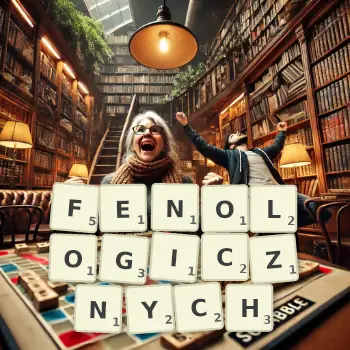 Kreatywna ilustracja do gry w Scrabble ze słowem FENOLOGICZNYCH ułożonym z płytek na planszy.