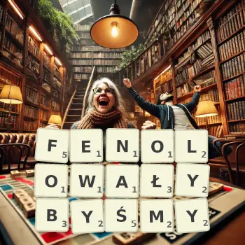 Kreatywna ilustracja do gry w Scrabble ze słowem FENOLOWAŁYBYŚMY ułożonym z płytek na planszy.