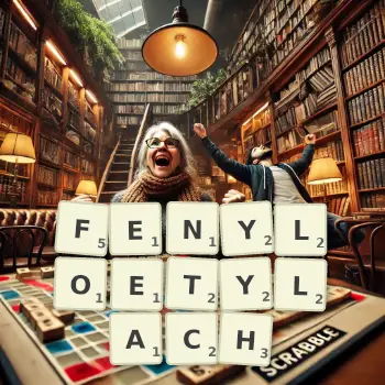 Kreatywna ilustracja do gry w Scrabble ze słowem FENYLOETYLACH ułożonym z płytek na planszy.