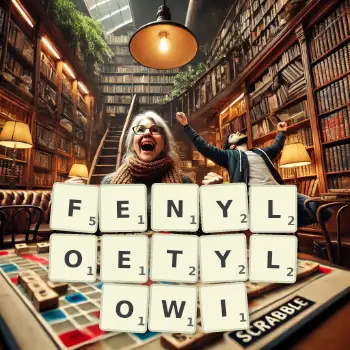 Kreatywna ilustracja do gry w Scrabble ze słowem FENYLOETYLOWI ułożonym z płytek na planszy.