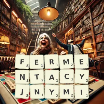 Kreatywna ilustracja do gry w Scrabble ze słowem FERMENTACYJNYMI ułożonym z płytek na planszy.