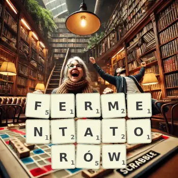 Kreatywna ilustracja do gry w Scrabble ze słowem FERMENTATORÓW ułożonym z płytek na planszy.
