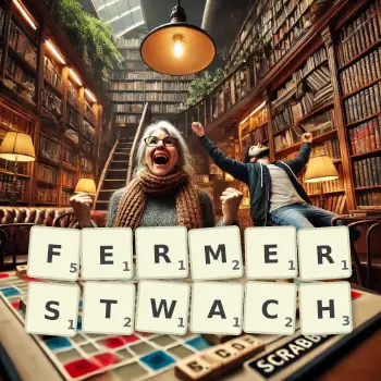 Kreatywna ilustracja do gry w Scrabble ze słowem FERMERSTWACH ułożonym z płytek na planszy.