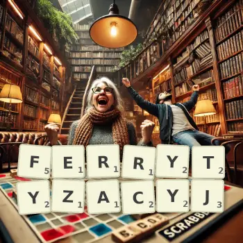 Kreatywna ilustracja do gry w Scrabble ze słowem FERRYTYZACYJ ułożonym z płytek na planszy.