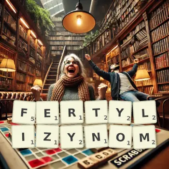 Kreatywna ilustracja do gry w Scrabble ze słowem FERTYLIZYNOM ułożonym z płytek na planszy.