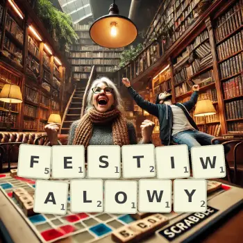 Kreatywna ilustracja do gry w Scrabble ze słowem FESTIWALOWY ułożonym z płytek na planszy.