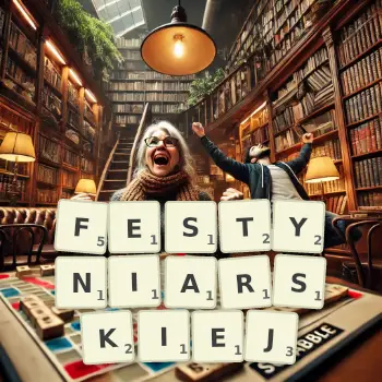Kreatywna ilustracja do gry w Scrabble ze słowem FESTYNIARSKIEJ ułożonym z płytek na planszy.