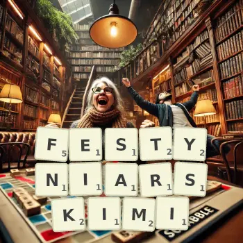 Kreatywna ilustracja do gry w Scrabble ze słowem FESTYNIARSKIMI ułożonym z płytek na planszy.