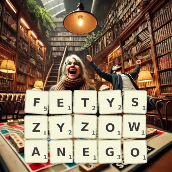 Kreatywna ilustracja do gry w Scrabble ze słowem FETYSZYZOWANEGO ułożonym z płytek na planszy.
