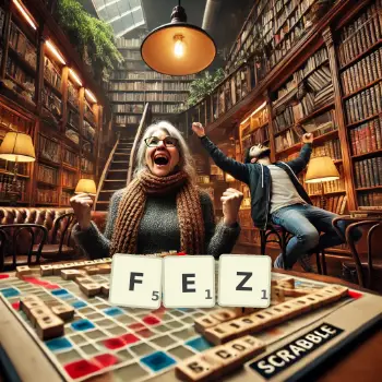 Kreatywna ilustracja do gry w Scrabble ze słowem FEZ ułożonym z płytek na planszy.