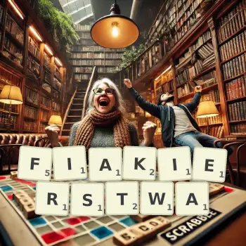 Kreatywna ilustracja do gry w Scrabble ze słowem FIAKIERSTWA ułożonym z płytek na planszy.