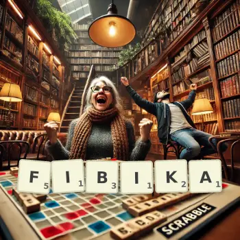 Kreatywna ilustracja do gry w Scrabble ze słowem FIBIKA ułożonym z płytek na planszy.