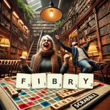 Kreatywna ilustracja do gry w Scrabble ze słowem FIBRY ułożonym z płytek na planszy.