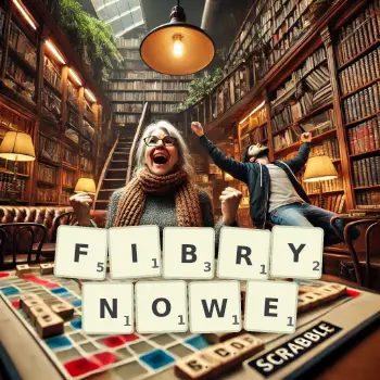 Kreatywna ilustracja do gry w Scrabble ze słowem FIBRYNOWE ułożonym z płytek na planszy.