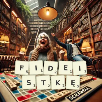 Kreatywna ilustracja do gry w Scrabble ze słowem FIDEISTKĘ ułożonym z płytek na planszy.