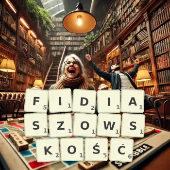 Kreatywna ilustracja do gry w Scrabble ze słowem FIDIASZOWSKOŚĆ ułożonym z płytek na planszy.
