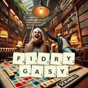 Kreatywna ilustracja do gry w Scrabble ze słowem FIDRYGASY ułożonym z płytek na planszy.