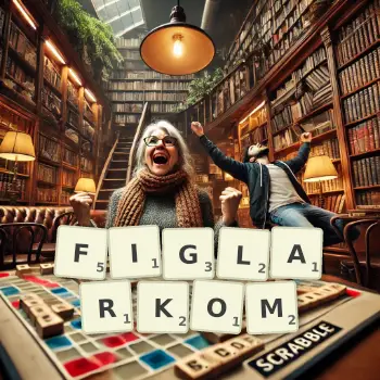 Kreatywna ilustracja do gry w Scrabble ze słowem FIGLARKOM ułożonym z płytek na planszy.