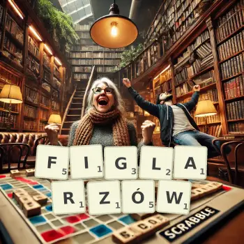 Kreatywna ilustracja do gry w Scrabble ze słowem FIGLARZÓW ułożonym z płytek na planszy.
