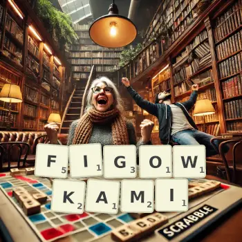 Kreatywna ilustracja do gry w Scrabble ze słowem FIGOWKAMI ułożonym z płytek na planszy.