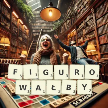 Kreatywna ilustracja do gry w Scrabble ze słowem FIGUROWAŁBY ułożonym z płytek na planszy.