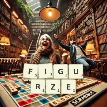 Kreatywna ilustracja do gry w Scrabble ze słowem FIGURZE ułożonym z płytek na planszy.
