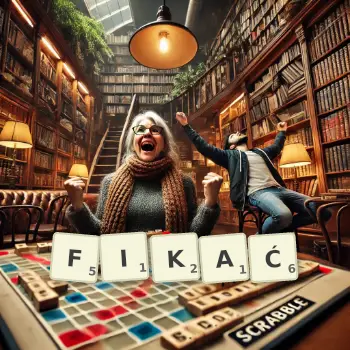 Kreatywna ilustracja do gry w Scrabble ze słowem FIKAĆ ułożonym z płytek na planszy.
