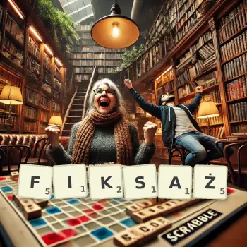 Kreatywna ilustracja do gry w Scrabble ze słowem FIKSAŻ ułożonym z płytek na planszy.