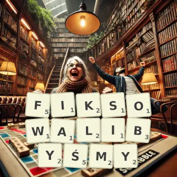 Kreatywna ilustracja do gry w Scrabble ze słowem FIKSOWALIBYŚMY ułożonym z płytek na planszy.