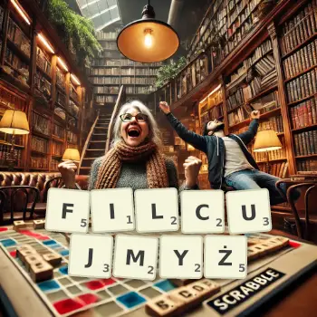 Kreatywna ilustracja do gry w Scrabble ze słowem FILCUJMYŻ ułożonym z płytek na planszy.