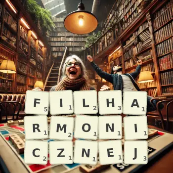 Kreatywna ilustracja do gry w Scrabble ze słowem FILHARMONICZNEJ ułożonym z płytek na planszy.