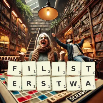 Kreatywna ilustracja do gry w Scrabble ze słowem FILISTERSTWA ułożonym z płytek na planszy.