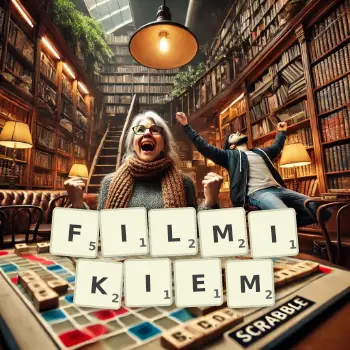 Kreatywna ilustracja do gry w Scrabble ze słowem FILMIKIEM ułożonym z płytek na planszy.