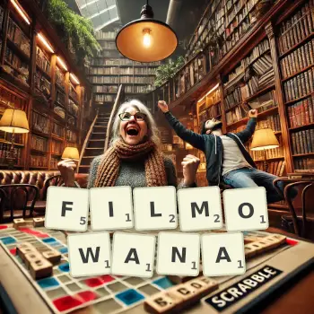 Kreatywna ilustracja do gry w Scrabble ze słowem FILMOWANA ułożonym z płytek na planszy.
