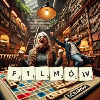 Kreatywna ilustracja do gry w Scrabble ze słowem FILMÓW ułożonym z płytek na planszy.