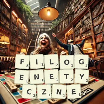 Kreatywna ilustracja do gry w Scrabble ze słowem FILOGENETYCZNE ułożonym z płytek na planszy.