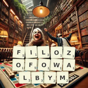 Kreatywna ilustracja do gry w Scrabble ze słowem FILOZOFOWALBYM ułożonym z płytek na planszy.