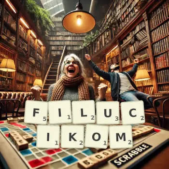 Kreatywna ilustracja do gry w Scrabble ze słowem FILUCIKOM ułożonym z płytek na planszy.