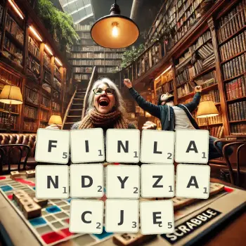 Kreatywna ilustracja do gry w Scrabble ze słowem FINLANDYZACJĘ ułożonym z płytek na planszy.