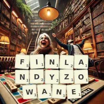 Kreatywna ilustracja do gry w Scrabble ze słowem FINLANDYZOWANE ułożonym z płytek na planszy.