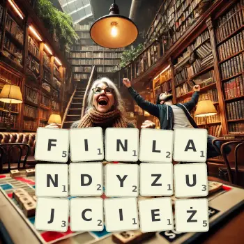 Kreatywna ilustracja do gry w Scrabble ze słowem FINLANDYZUJCIEŻ ułożonym z płytek na planszy.