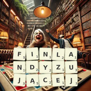 Kreatywna ilustracja do gry w Scrabble ze słowem FINLANDYZUJĄCEJ ułożonym z płytek na planszy.