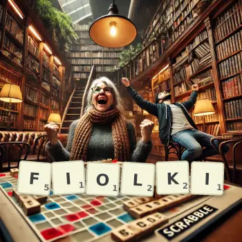 Kreatywna ilustracja do gry w Scrabble ze słowem FIOLKI ułożonym z płytek na planszy.