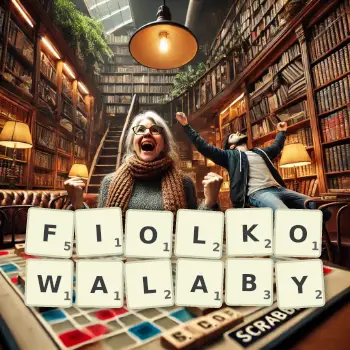 Kreatywna ilustracja do gry w Scrabble ze słowem FIOLKOWALABY ułożonym z płytek na planszy.