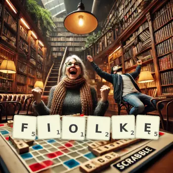 Kreatywna ilustracja do gry w Scrabble ze słowem FIOLKĘ ułożonym z płytek na planszy.